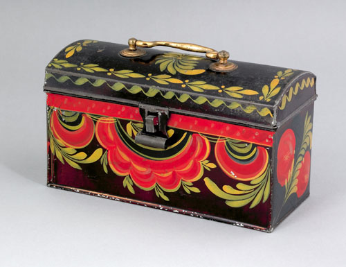 Appraisal: Tole document box th c with a vibrant red and