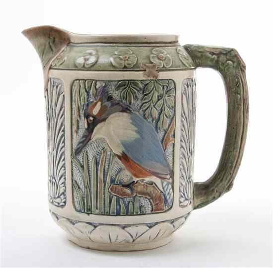 Appraisal: A Weller Zona Kingfisher Pitcher modeled with cattails a bird