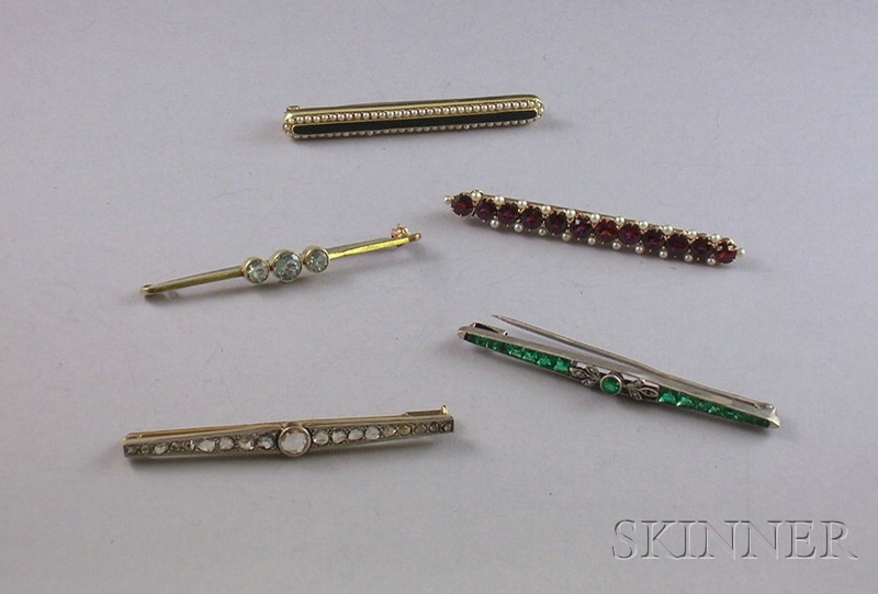 Appraisal: Four Gold and Gemstone Bar Pins including an kt gold