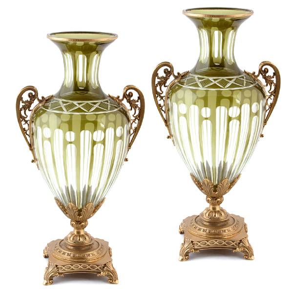 Appraisal: A pair of cut colored crystal vases with gilt bronze