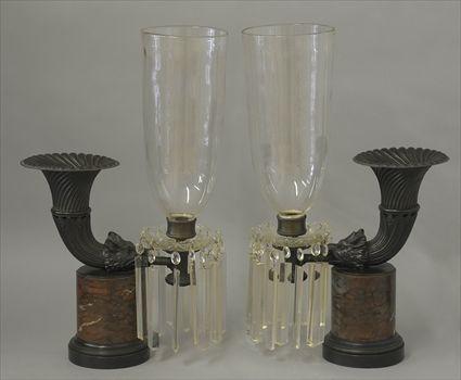 Appraisal: PAIR OF WILLIAM IV GLASS-MOUNTED BRONZE AND MARBLE OIL LAMPS