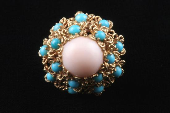 Appraisal: ITALIAN K YELLOW GOLD ANGEL SKIN CORAL AND TURQUOISE CABOCHON