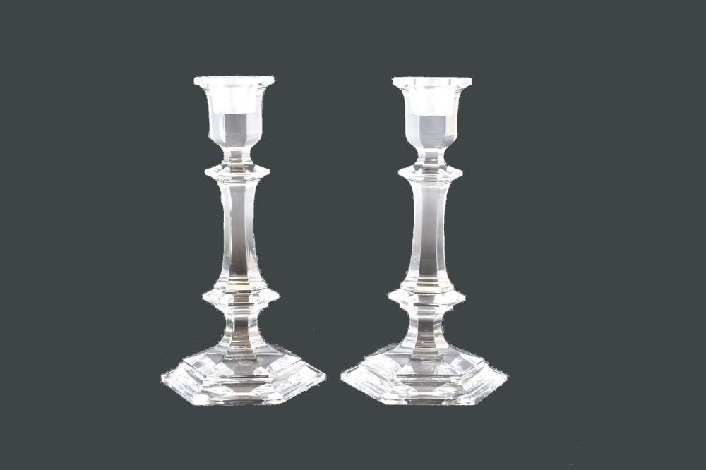 Appraisal: BACCARAT COLORLESS GLASS CANDLESTICKS AND VASEEach marked with the Baccarat