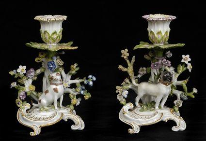 Appraisal: PAIR OF MEISSEN PORCELAIN DOG-FORM SMALL CHAMBER CANDLESTICKS Underglaze blue