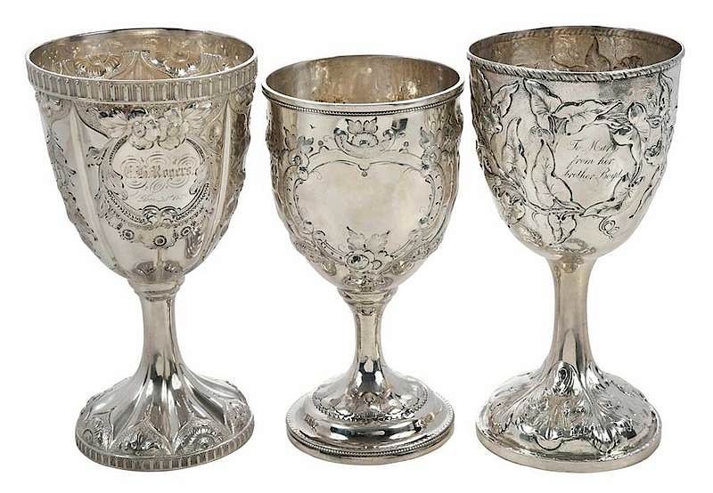 Appraisal: Three Coin Silver Goblets American mid th century one with