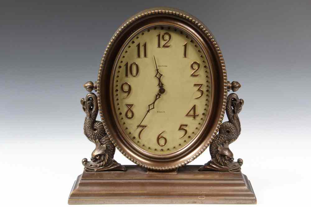 Appraisal: DESK CLOCK - Waltham Eight Day Desk Clock in bronze