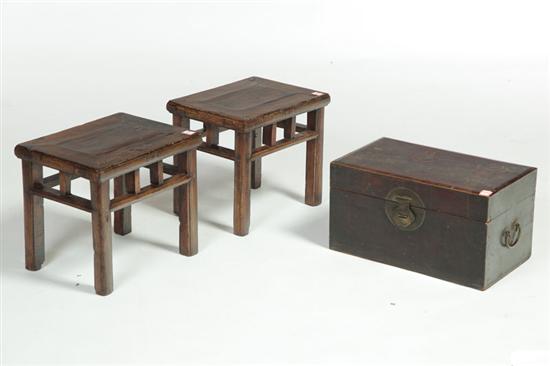 Appraisal: TWO STOOLS AND A BOX China th century elm Lock