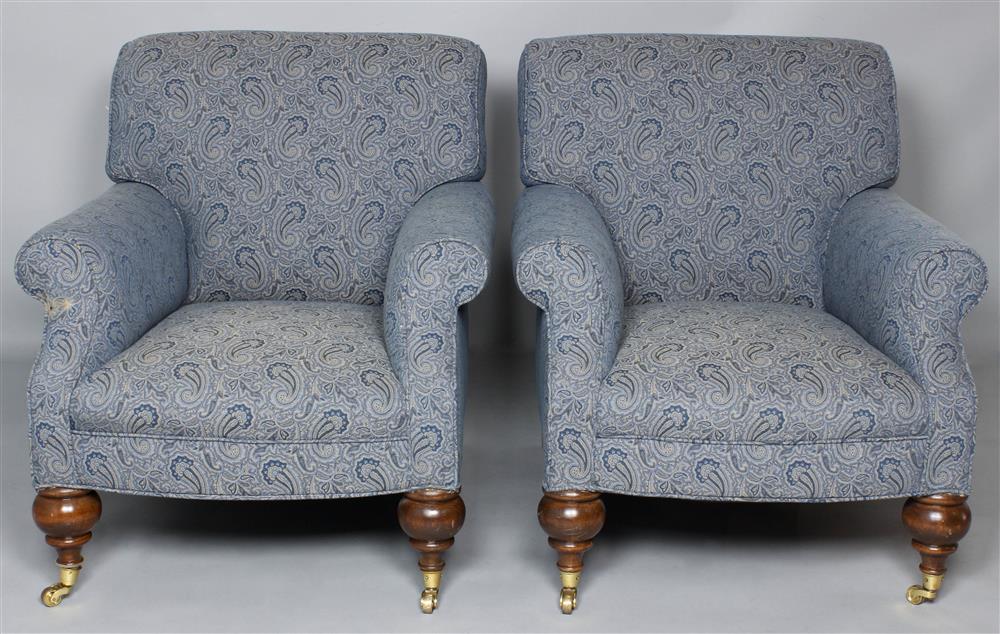 Appraisal: PAIR OF BLUE PAISLEY UPHOLSTERED CLUB CHAIRS both with rolled