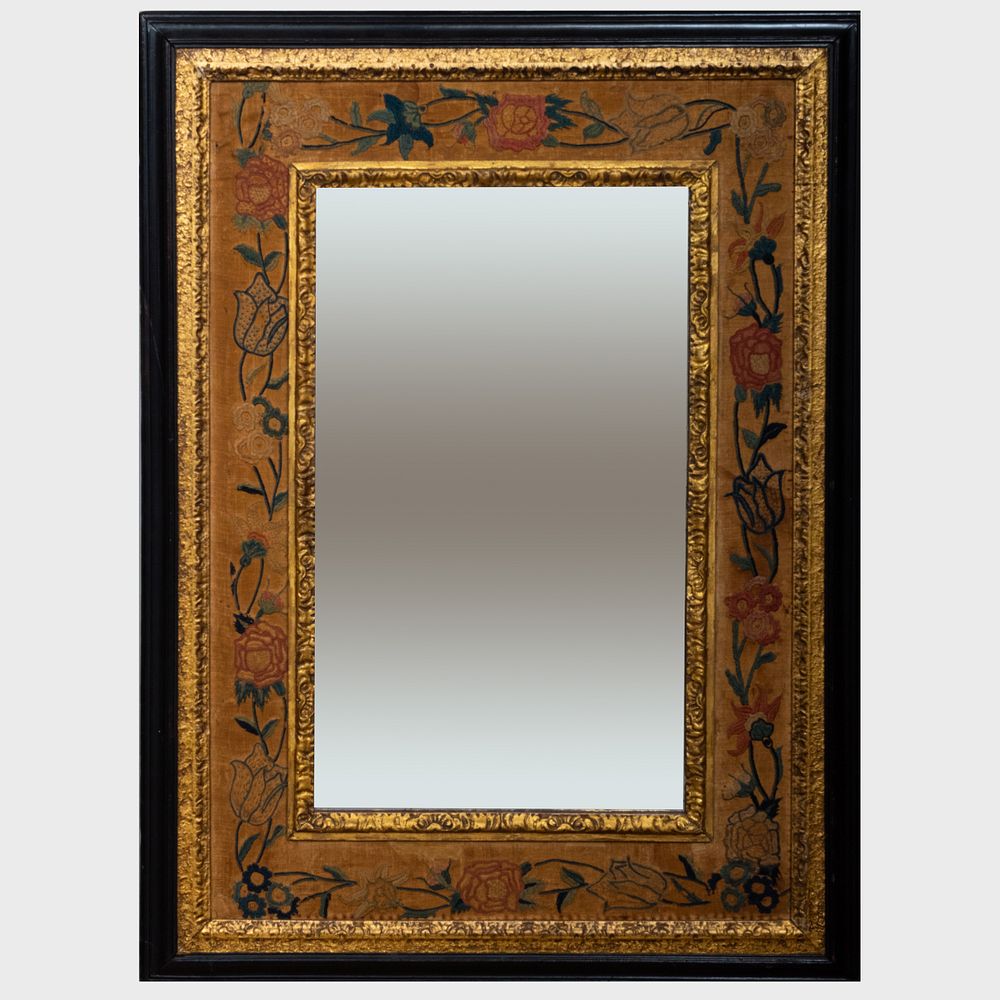 Appraisal: Baroque Style Ebonized and Parcel-Gilt Mirror Inset with Embroidery Panels