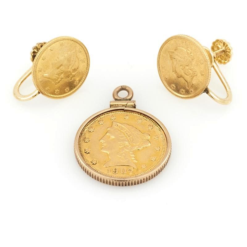 Appraisal: U S gold coin earring and pendant lot U S