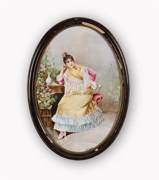 Appraisal: PAINTING ON PORCELAIN OF DANCER Large oval French plaque of