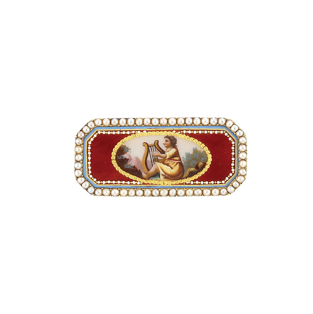 Appraisal: Antique Gold Enamel Guilloche Enamel and Split Pearl Brooch The