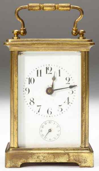 Appraisal: French Brass Carriage Clock by Couaillet Fr reswith enamel Arabic