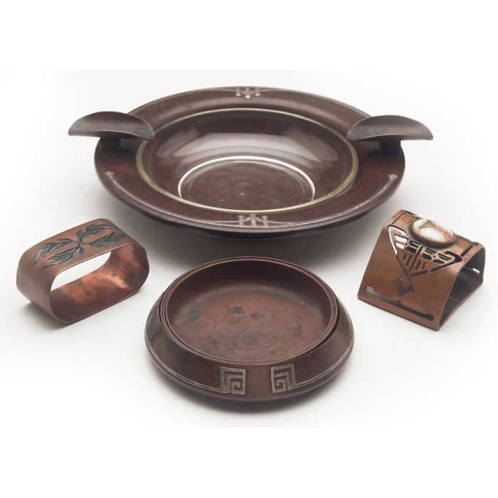 Appraisal: Heintz metalware large ashtray withliner set of stacked ashtrays and