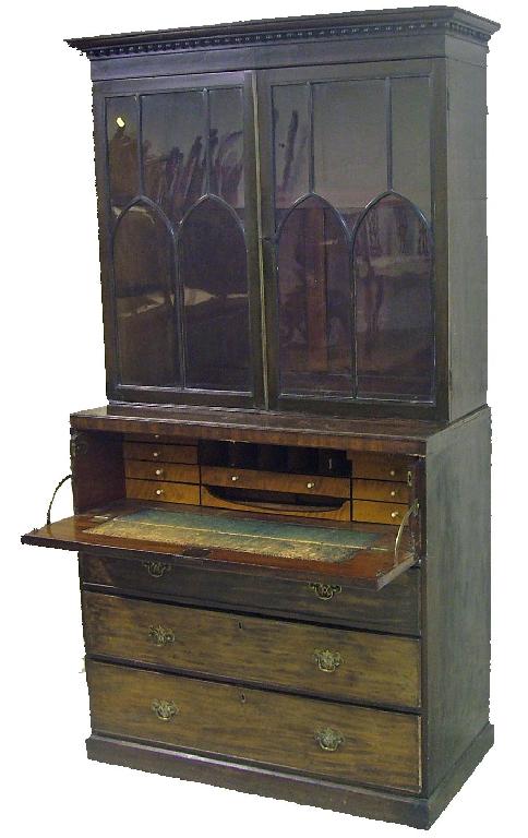 Appraisal: th century mahogany secretaire bookcase the top drawer with a