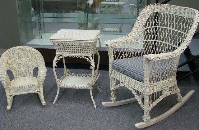 Appraisal: Vintage cream-white wicker rocking chair vintage white wicker sewing stand