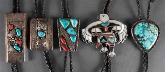 Appraisal: Assorted silver turquoise coral and mother-of-pearl inlaid bollo ties ozt