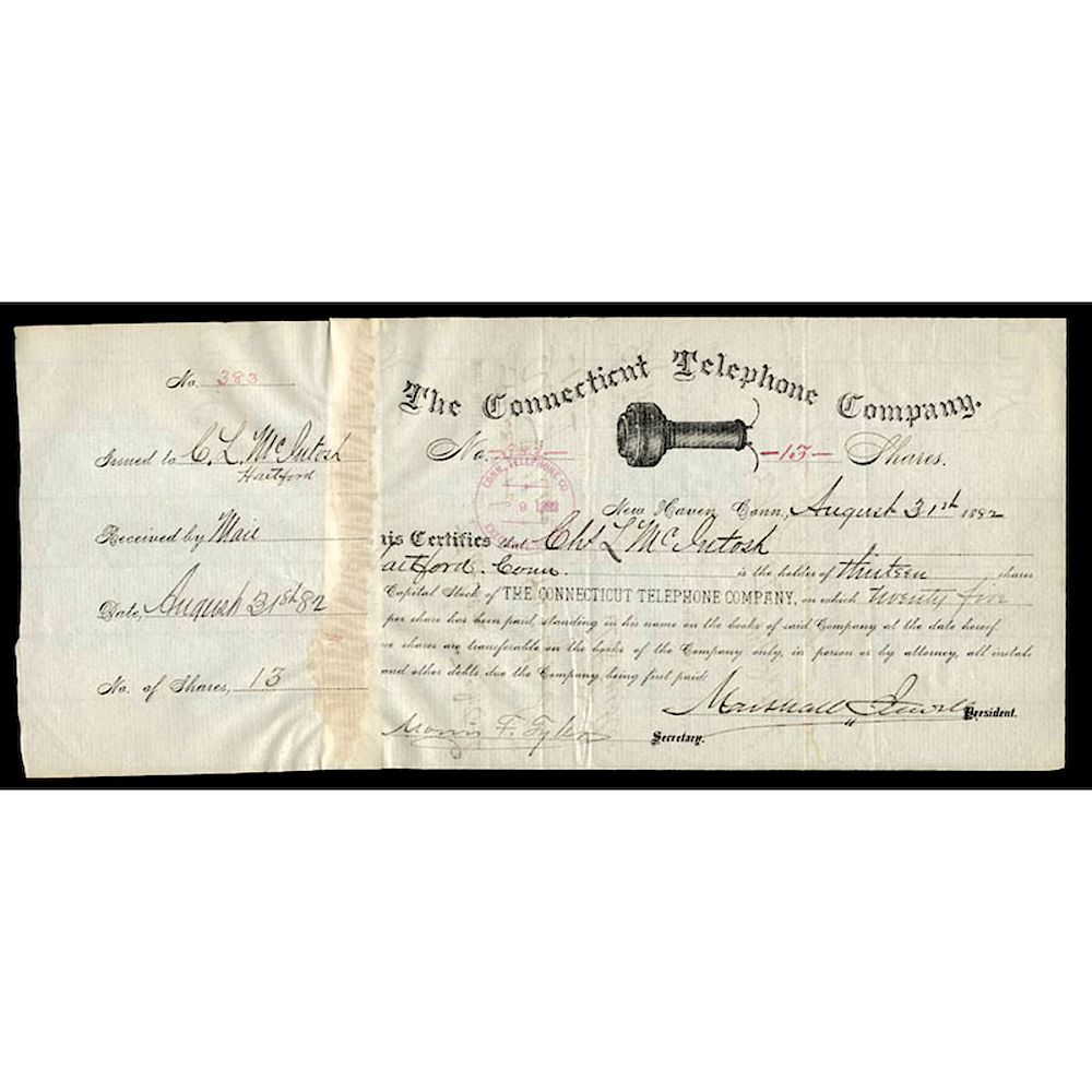 Appraisal: MARSHALL JEWELL Signed Early Connecticut Telephone Stock Certificate Stocks and