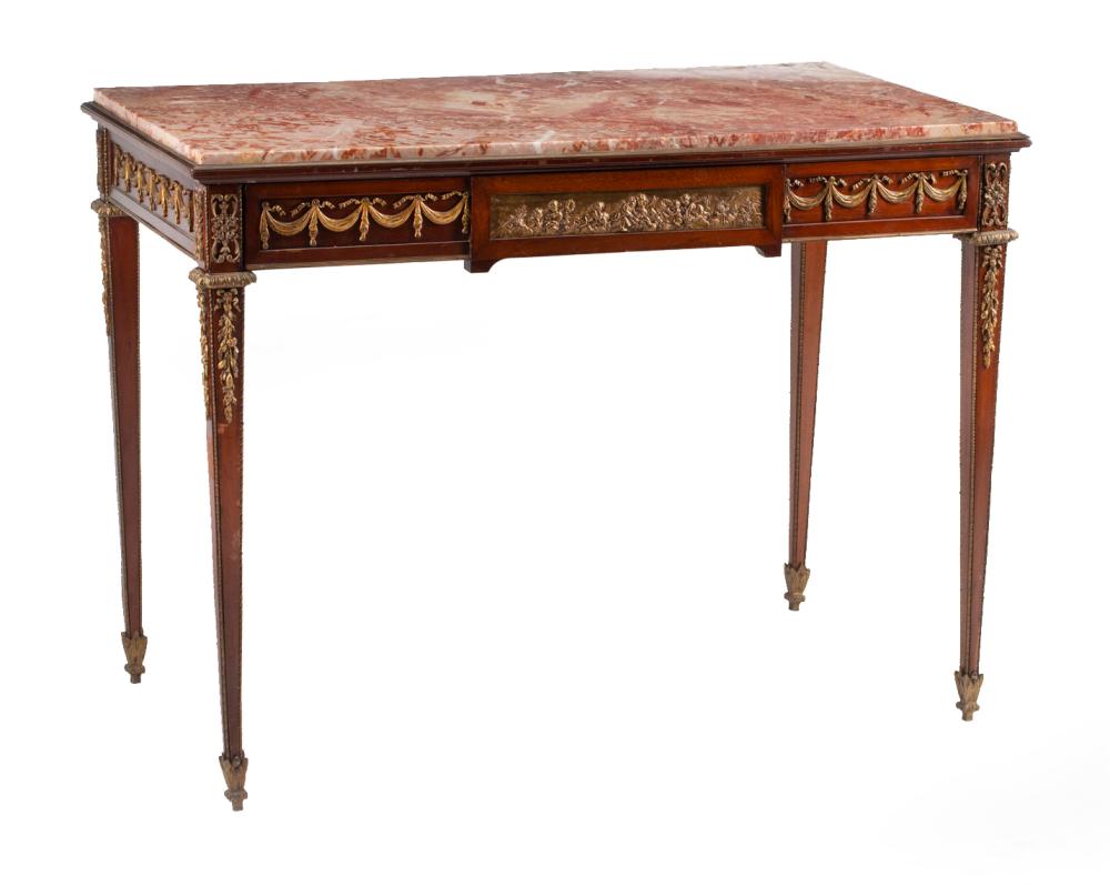 Appraisal: Louis XVI-Style Bronze-Mounted Mahogany Console Table rouge marble top blocked