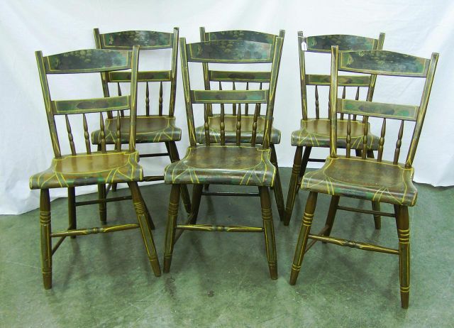 Appraisal: Matched set of six plank-seat splay-back chairs all are paint-decorated