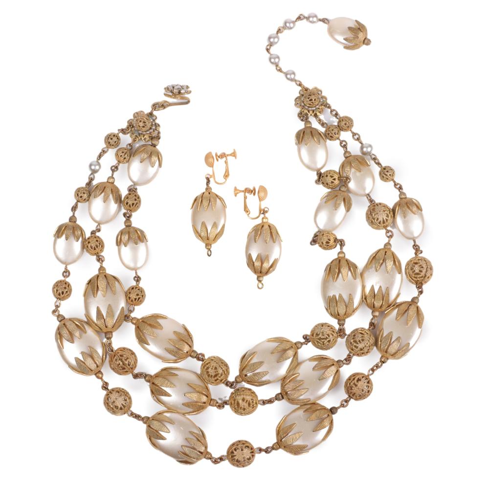 Appraisal: Miriam Haskell gold tone triple strand faux pearl necklace and