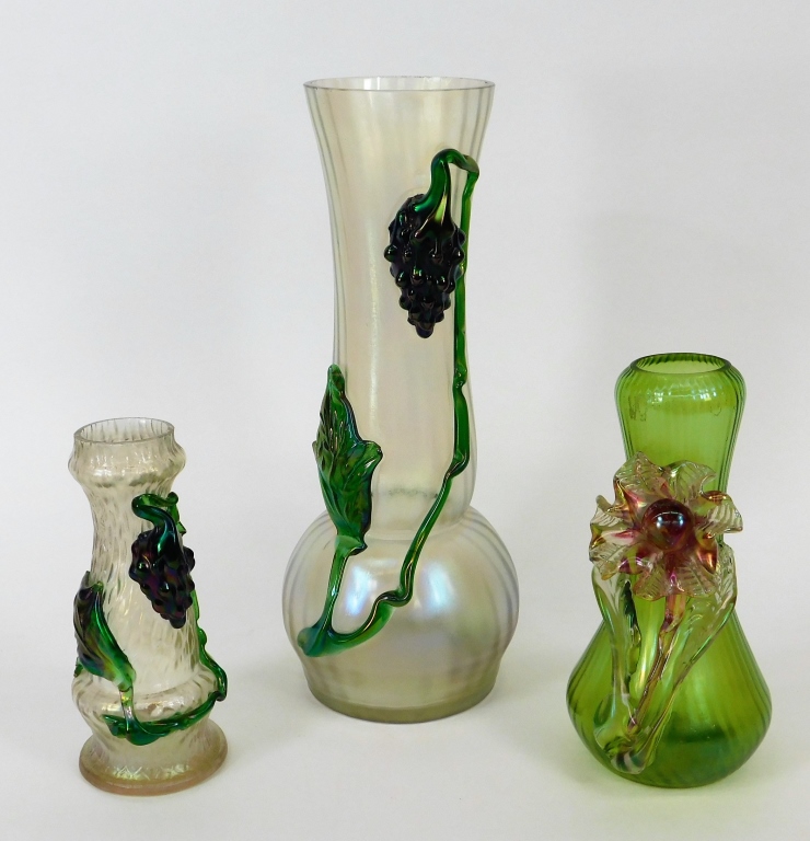 Appraisal: KRALIK APPLIED GRAPE FLOWER BOHEMIAN GLASS VASES Bohemia th CenturyIncludes