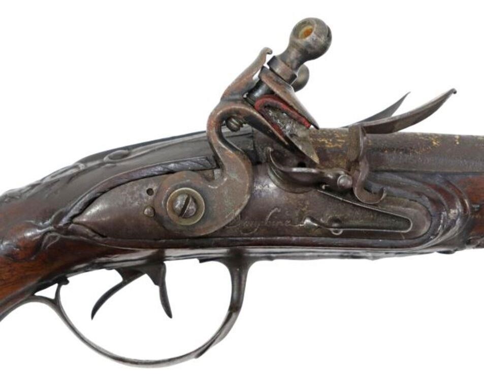 Appraisal: French Dauphine Double Barrel Flintlock Pistol Royal Arms Factory Tulle