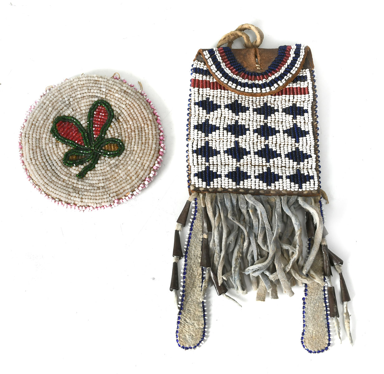 Appraisal: PC NATIVE AMERICAN BAGS Round beaded bag with pink bead