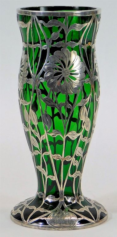 Appraisal: Victorian Silver Overlay Green Art Glass Vase Victorian Silver Overlay