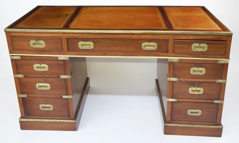 Appraisal: Brass Bound Campaign Three-Part Pedestal Knee Hole Desk circa Exclusive