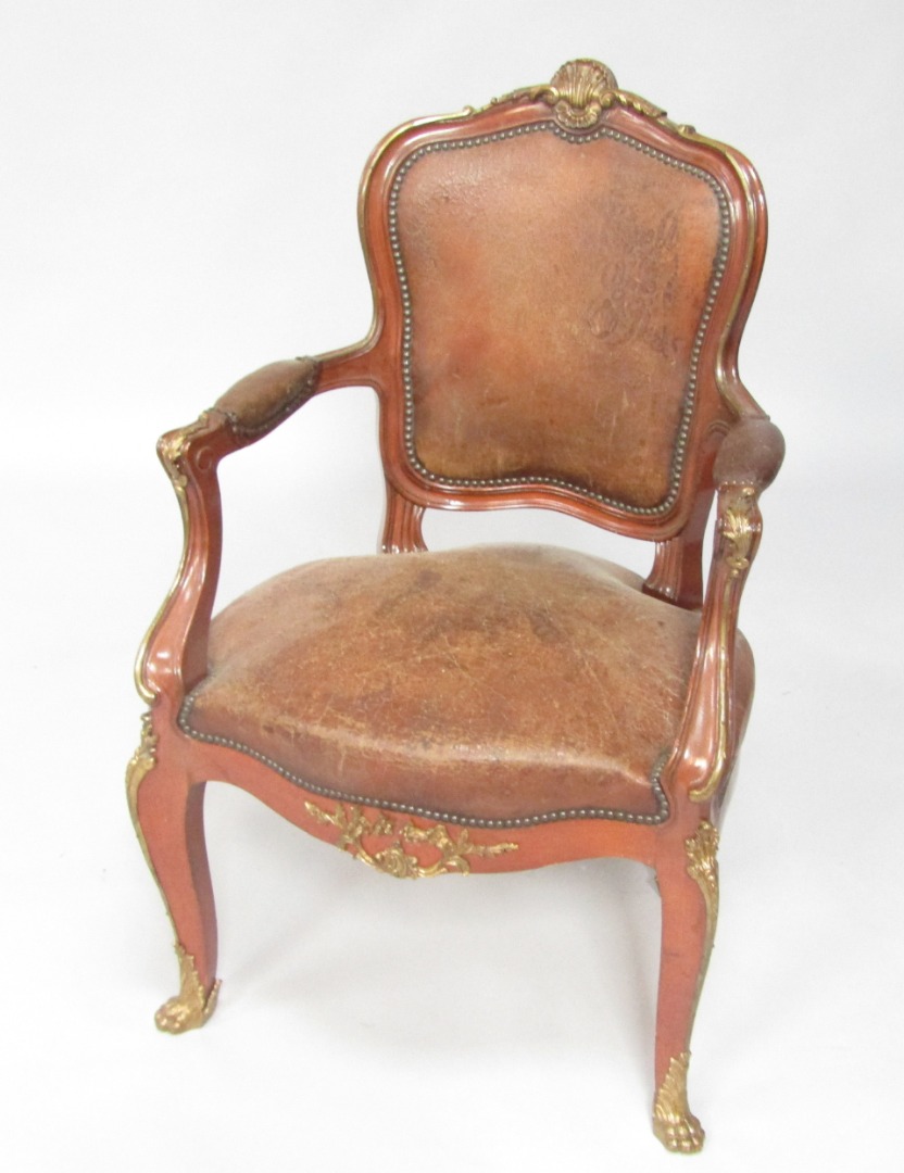 Appraisal: A Louis XV style mahogany and brass mounted armchair late