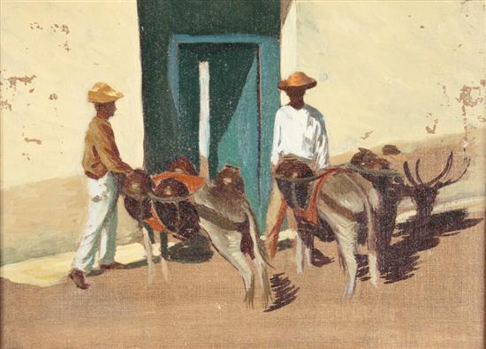 Appraisal: American School early th century Peasants Loading their Burros oil