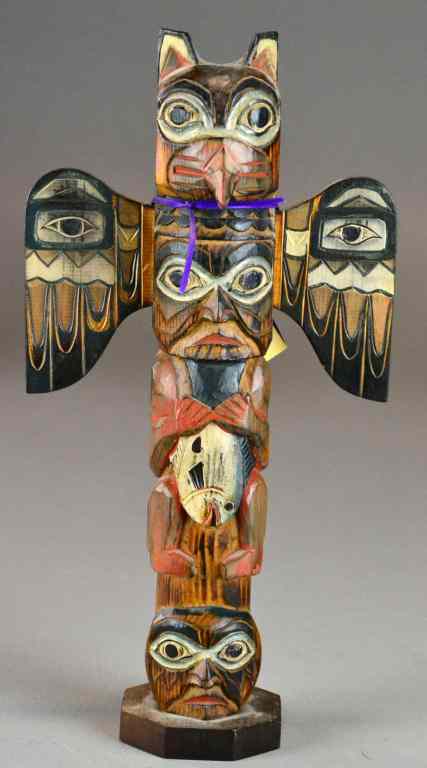 Appraisal: Carved Wood Totem Pole-signed Patrick SealeThree-face polychrome painted totem pole