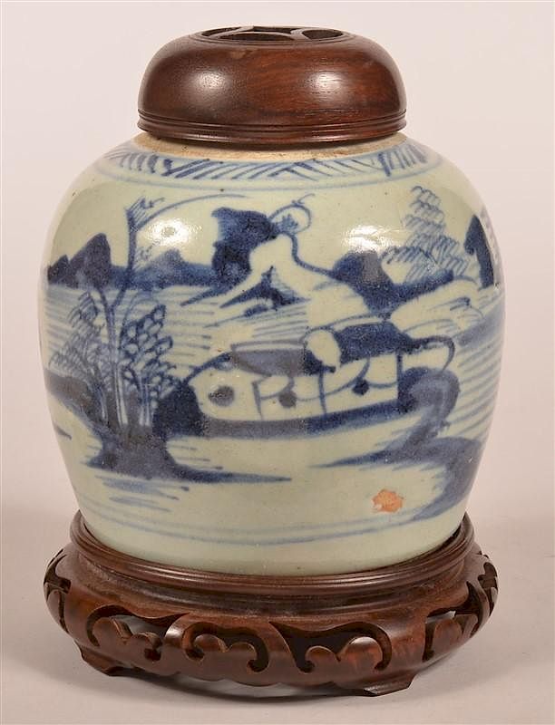 Appraisal: Canton Blue and White Oriental Ginger Jar th Century Canton