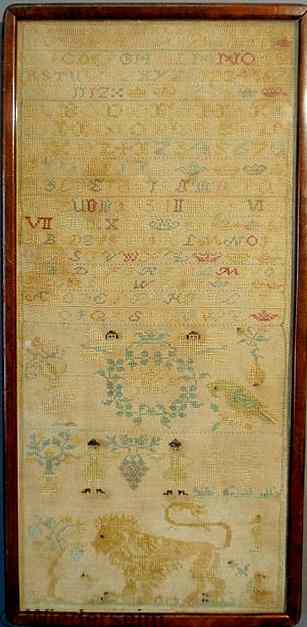 Appraisal: Continental silk on linen sampler dated with ABC's wreath flanked