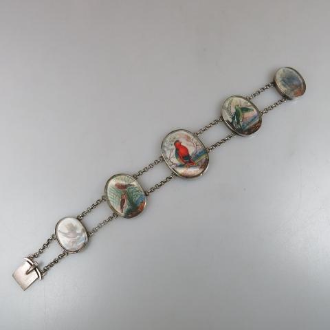 Appraisal: English Sterling Silver Bracelet set with oval ornithological miniatures on