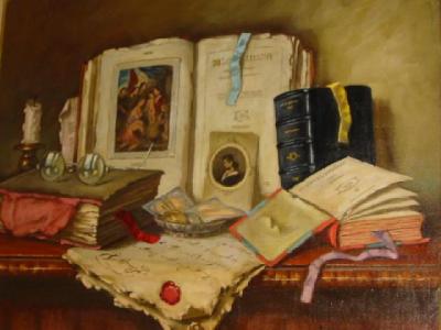 Appraisal: APATFALYI CZENE Still Life with Books Candlesticks and Spectacles signed