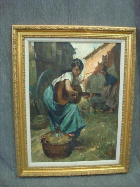 Appraisal: Oil on Canvas of Young Girl Playing Guitar Looks Spanish