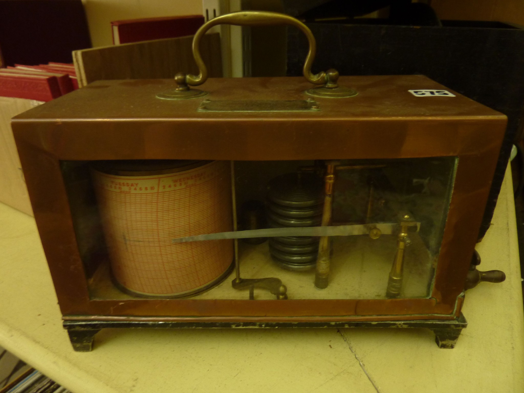 Appraisal: A desktop antique copper cased barograph with applied brass plaque