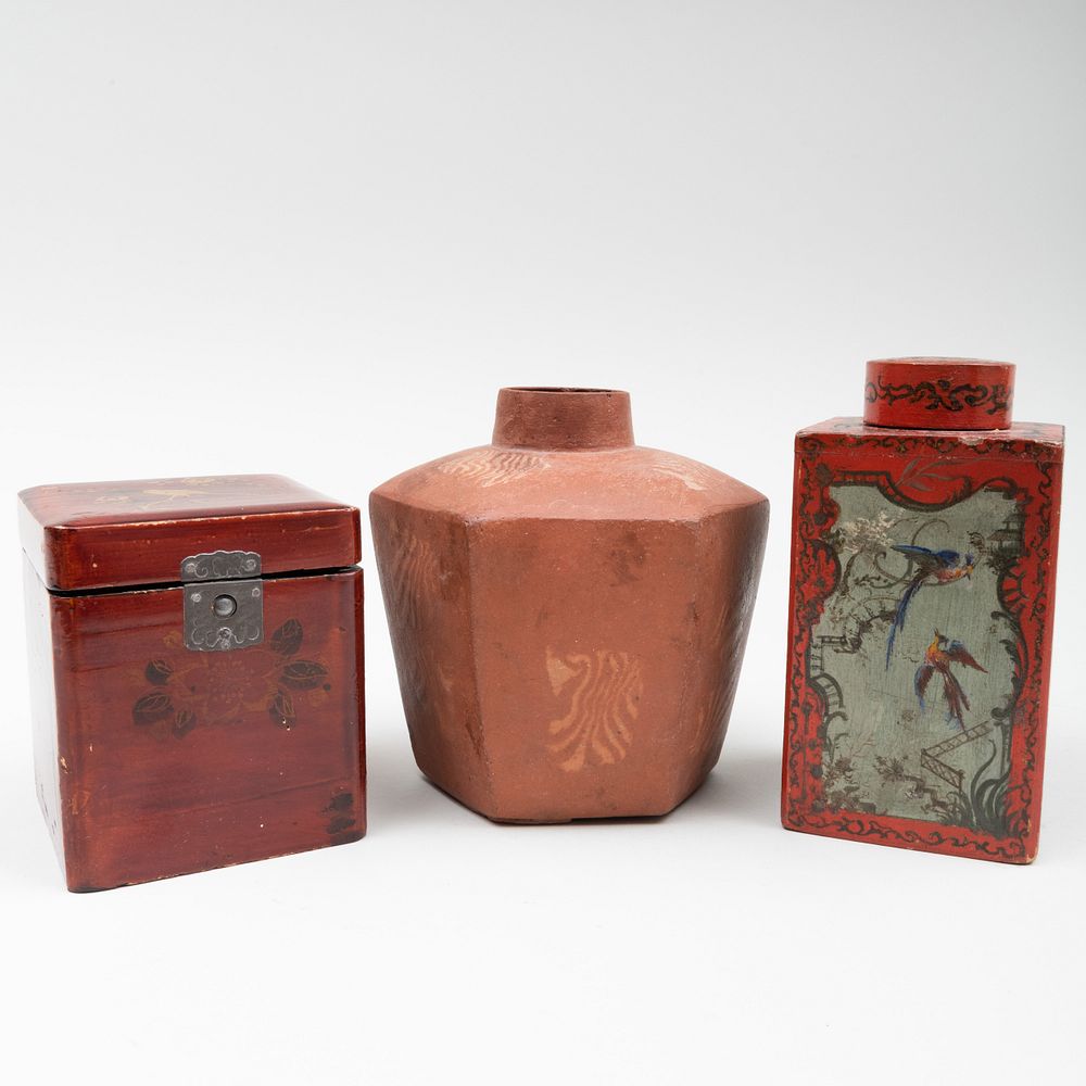 Appraisal: Chinese Red Lacquer Tea Caddy Redware Tea Caddy and a