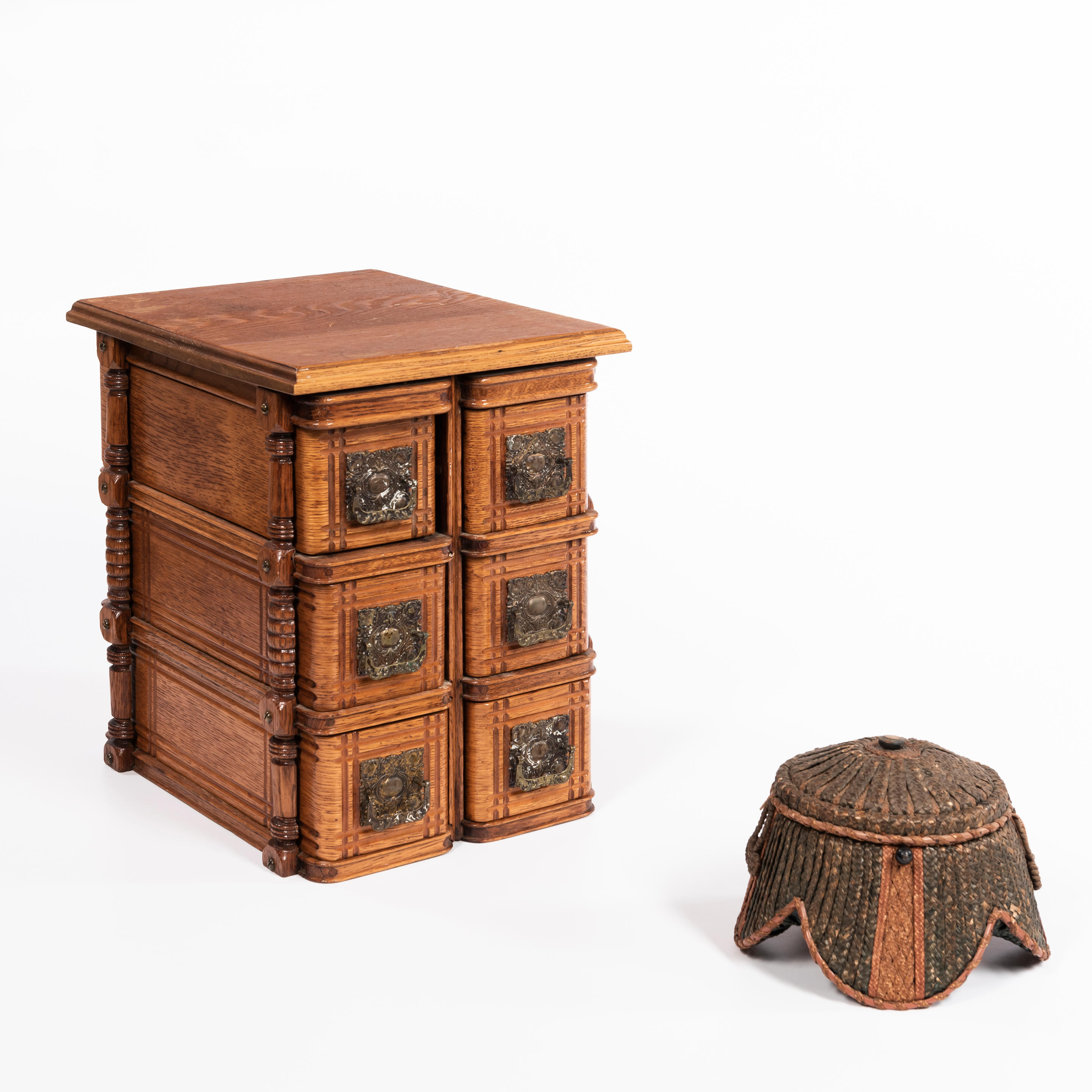 Appraisal: SEWING BASKET AND SMALL STORAGE WOOD CHEST late th century