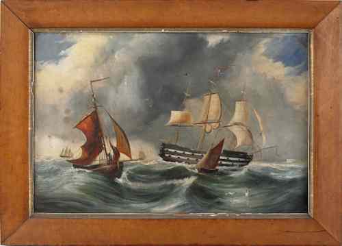 Appraisal: Oil on canvas ship painting th c depicting a man-of-war