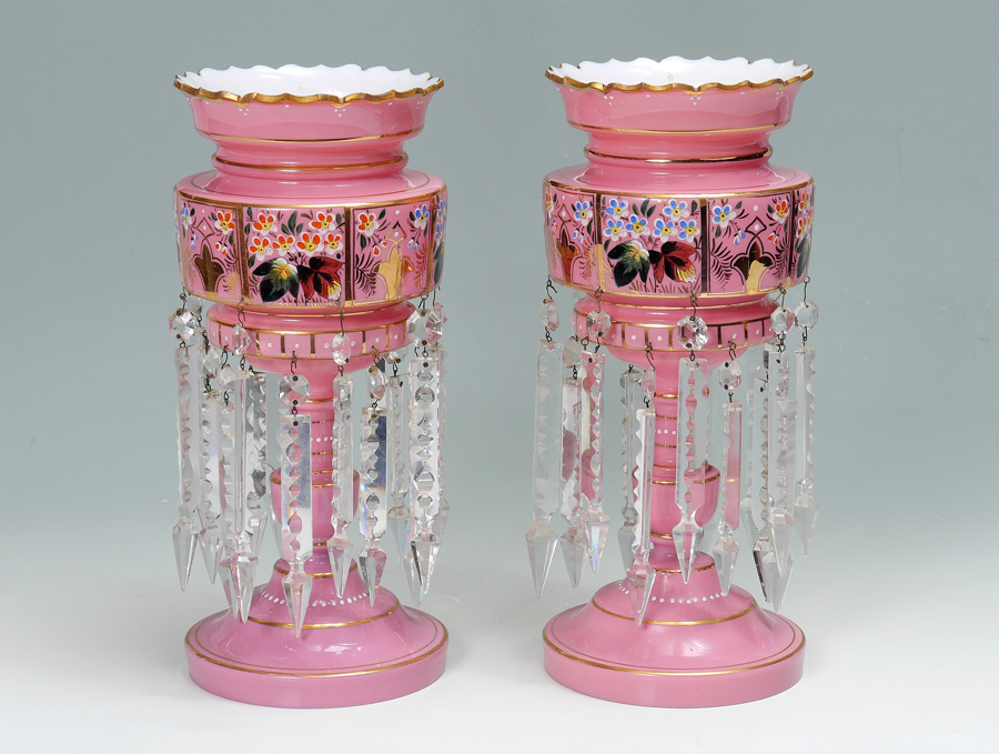 Appraisal: PAIR PINK GLASS LUSTERS LUSTRES Elaborate enamel decoration on cased