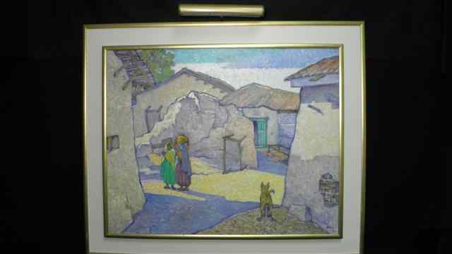 Appraisal: India painting on canvas depicting a village scene with figures