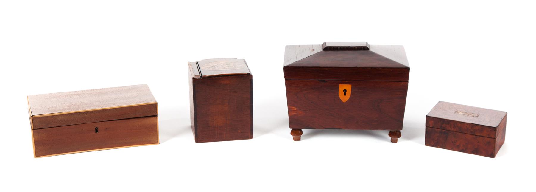 Appraisal: FOUR BOXES WITH INLAYS England Rosewood tea caddy with sarcophagus