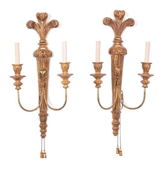 Appraisal: A Pair of Italian Carved Giltwood and Metal Two-Light Wall