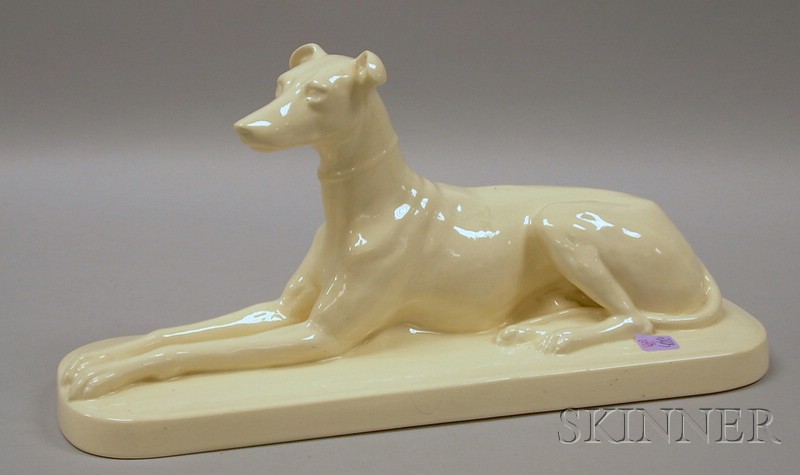 Appraisal: Sarreguemines Glazed Pottery Recumbent Greyhound Figural lg in