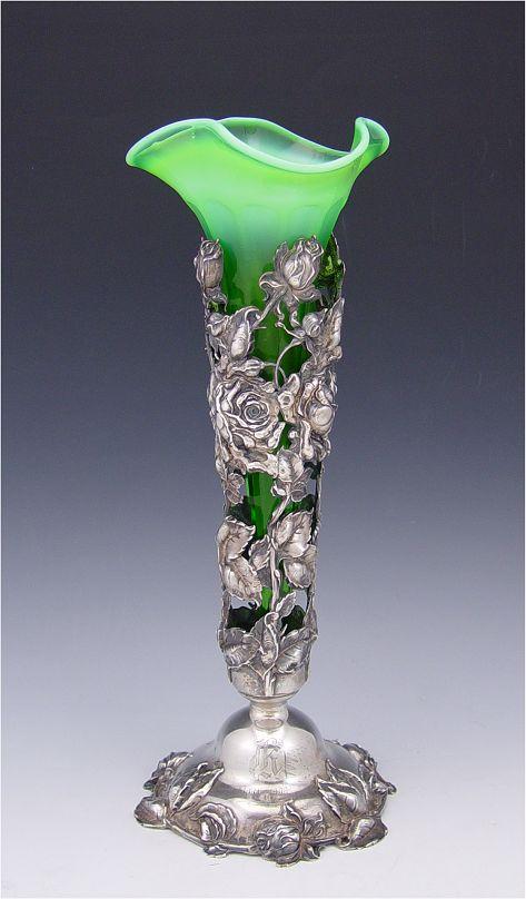 Appraisal: STERLING RETICULATED VASE HOLDER Marriage of a green glass epergne