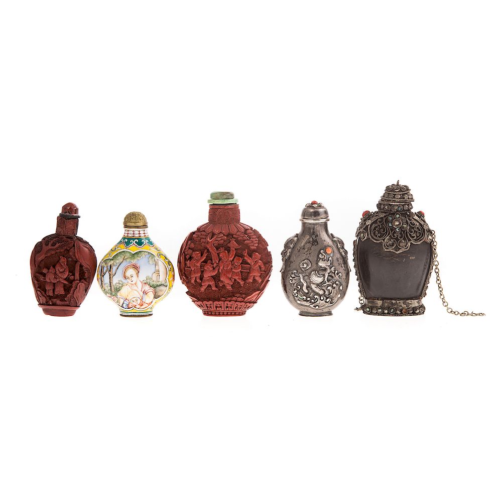 Appraisal: Five Chinese Snuff Bottles including two carved cinnabar lacquer bottles