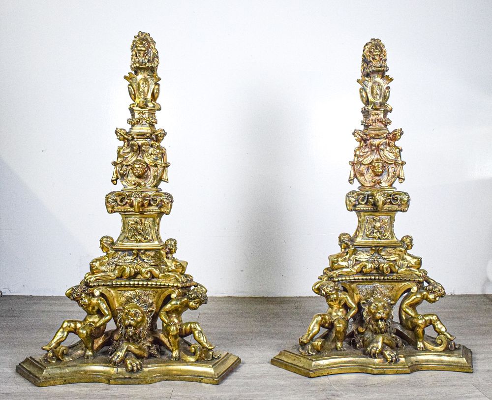 Appraisal: Pair Of Monumental Gilt Bronze Figural Andirons Decorated with ram's